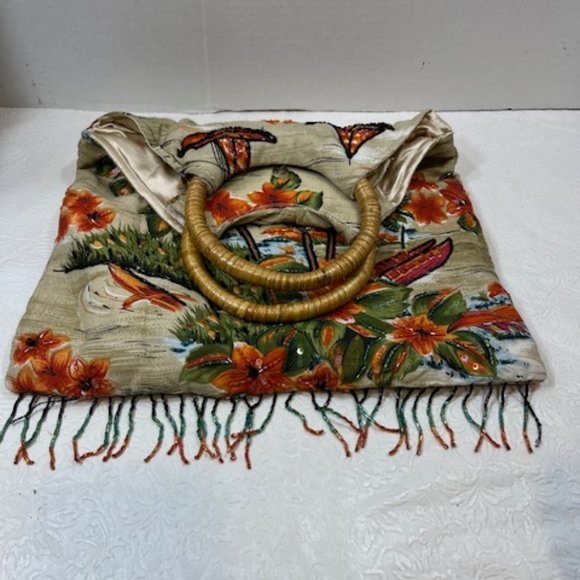 Lord & Taylor Beads Sequins Fringe Tropical Floral Handbag Top Handles - Picture 3 of 12